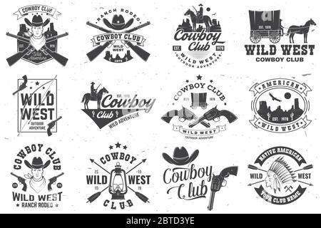 Set di badge cowboy club. Rodeo Ranch. Illustrazione vettoriale. Concept per camicia, logo, stampa, timbro, tee con cowboy e fucile. Design tipografico vintage con silhouette di fucile occidentale e occidentale. Illustrazione Vettoriale