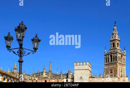 Torre Giralda e lampione in ferro battuto ornato, Siviglia, provincia di Siviglia, Andalusia, Spagna. Foto Stock