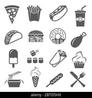 Icone di fast food su sfondo bianco Illustrazione Vettoriale