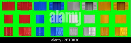 Un'immagine di alta qualità di contenitori per spedizioni da 1,8 m su sfondo verde con percorso di ritaglio. Imposta il rendering 3d dei contenitori per la spedizione in mare da 10 piedi Foto Stock