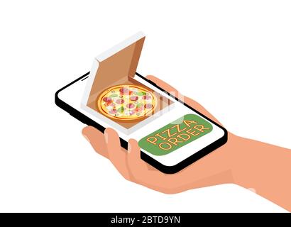 Servizio di consegna pizza fast food online. Illustrazione vettoriale isometrica piatta. Illustrazione Vettoriale