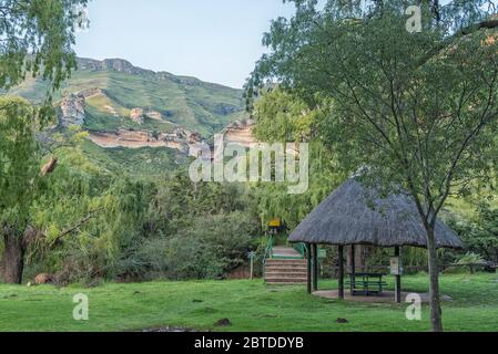 GOLDEN GATE HIGHLANDS NATIONAL PARK, SUDAFRICA - 4 MARZO 2020: L'inizio dei sentieri escursionistici a Glen Reenen. Il ponte pedonale sopra la Littl Foto Stock