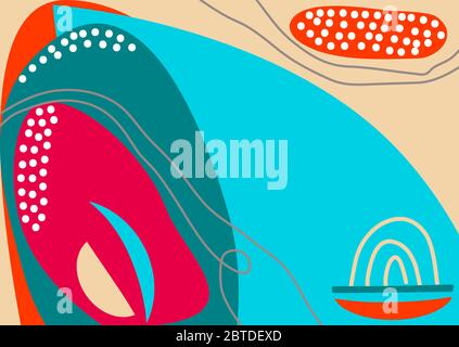 Divertenti forme colorate disegnate a mano, oggetti e linee di doodle, collage di punti, moderno sfondo di motivo astratto alla moda per il design. Rosso blu beige pastello c Illustrazione Vettoriale