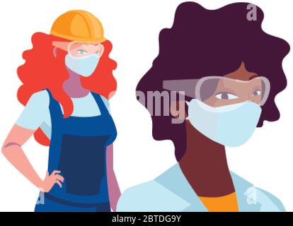 donne industriali con maschere facciali disegno vettoriale illustrazione Illustrazione Vettoriale