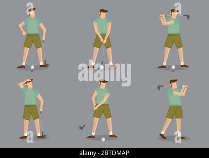 Set di sei icone vettoriali di golfer maschile con golf club e palline da golf isolato su sfondo grigio Illustrazione Vettoriale