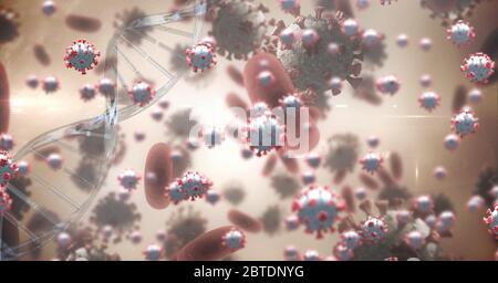 Globuli rossi e ceppo di DNA con cellule di macro coronavirus Covid19 Foto Stock