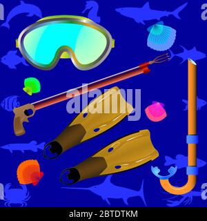 Illustrazione vettoriale composta da accessori necessari per la pesca sportiva. Illustrazione Vettoriale