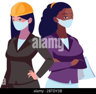 donne industriali con maschere facciali disegno vettoriale illustrazione Illustrazione Vettoriale