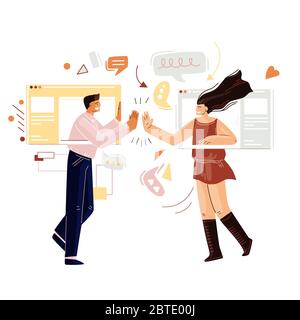 Uomo e donna che chattano online, con videochiamata remota con interfaccia internet web, messaggero online. Amici che comunicano online Illustrazione Vettoriale