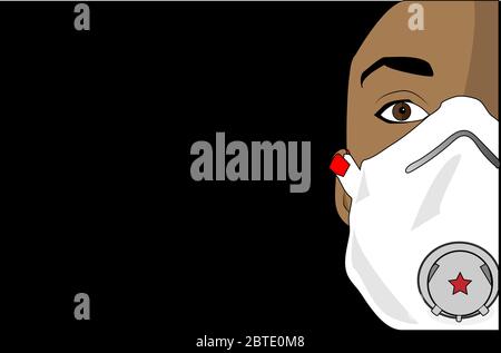 Illustrazione vettoriale di un uomo nero che indossa una maschera FFP3 con valvola espiratoria su sfondo nero Illustrazione Vettoriale