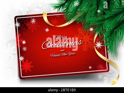 Allegro sfondo natalizio con testo cornice ed elementi a nastro. Decorazione di fondo con festa per le feste. Illustrazione Vettoriale