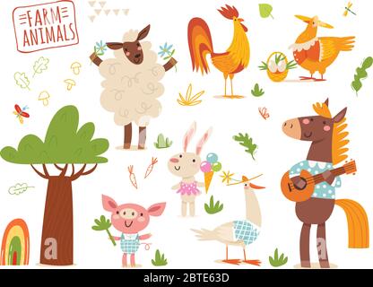 Set di divertenti animali da fattoria disegnati a mano. Illustrazione Vettoriale