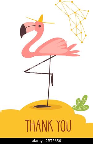 Vettore divertente cartoon mano disegnato grazie carta con fenicottero. Illustrazione Vettoriale