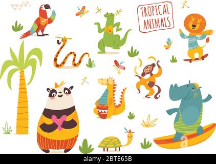 Insieme vettoriale di carino cartone animato mano disegnati animali tropicali. Illustrazione Vettoriale
