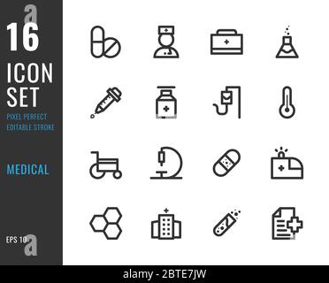 Set di 16 icone stile sottile per uso medico. Tratto modificabile. Pixel perfetto. Illustrazione vettoriale Illustrazione Vettoriale