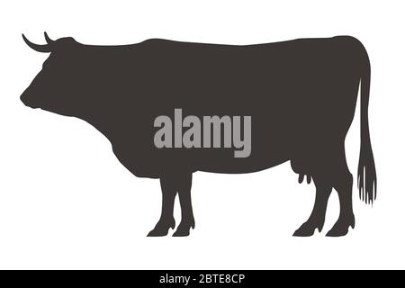 Mucca, vista laterale. Silhouette disegnata a mano su sfondo bianco separato. Illustrazione Vettoriale