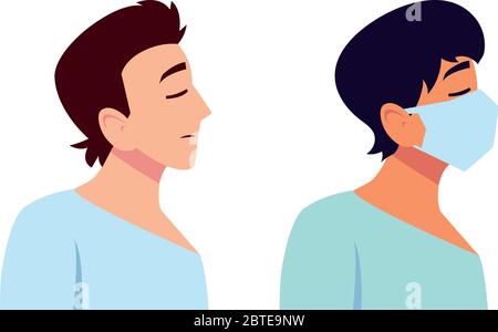 Uomini che si sentono malati e con la maschera di cura medica e covid 19 virus tema illustrazione vettoriale Illustrazione Vettoriale