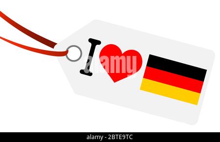 Etichetta appesa bianca con nastro e testo amo la germania e la bandiera del cuore Illustrazione Vettoriale