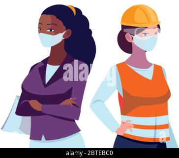 donne industriali con maschere facciali disegno vettoriale illustrazione Illustrazione Vettoriale