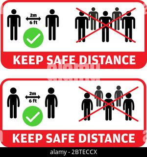 Set di 2 messaggi colorati di social distancing. Mantenere una distanza di sicurezza, evitare gruppi e riunioni, allenarsi a 2 metri o 6 piedi di distanza da altri. vect Illustrazione Vettoriale