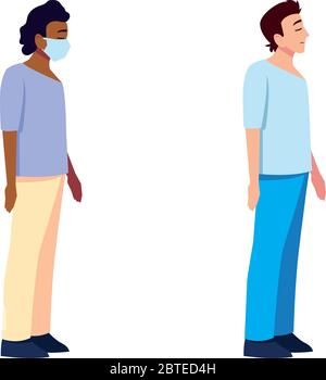 Uomini che si sentono malati e con la maschera di cura medica e covid 19 virus tema illustrazione vettoriale Illustrazione Vettoriale
