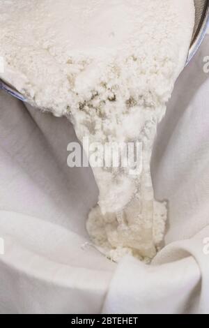 Processo di produzione del formaggio fresco, formaggio a grumi gettare un panno di cotone, closeup, casetta di formaggio o paneer fatti in casa Foto Stock