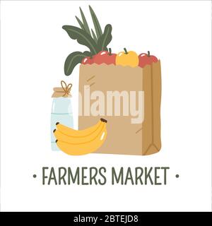 Borsa di carta ecologica con acquisti di verdure fresche, frutta, insalata, latte. Illustrazione Vettoriale