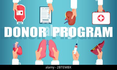 Concetto di programma dei donatori. Vettore di mani mediche con organi umani pronti per il trapianto Illustrazione Vettoriale