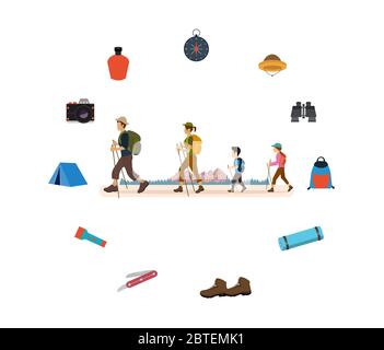Vettore di una giovane famiglia uomo, donna e bambini escursioni all'aperto con attrezzatura da trekking Illustrazione Vettoriale