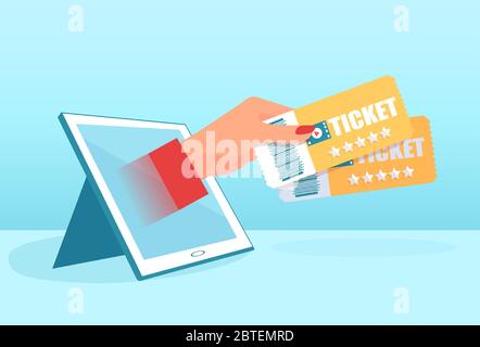Concetto di ordine di biglietti online. Vettore di una mano femminile con biglietti provenienti da un computer tablet Illustrazione Vettoriale