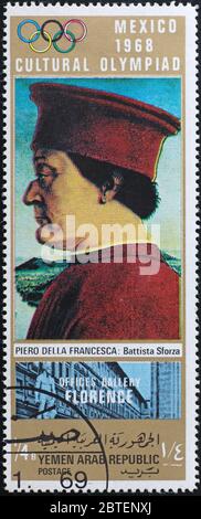 Celebre dipinto di Piero della Francesca su francobollo Foto Stock