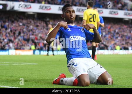 GLASGOW, SCOZIA - Luglio 18, 2019: Alfredo Morelos dei Rangers festeggia dopo aver segnato un gol durante la seconda gamba del 2019/20 UEFA Europa League primo turno di qualificazione gioco tra Rangers FC (Scozia) e San Giuseppe FC (Gibilterra) a Ibrox Park. Foto Stock
