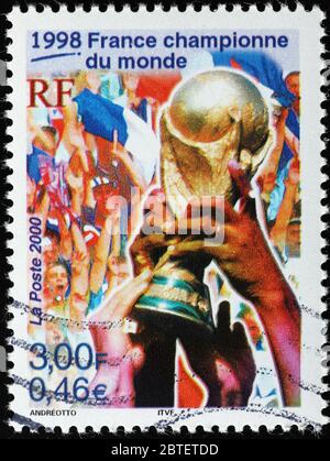 Francobollo che celebra il campionato mondiale di calcio francese nel 1988 Foto Stock
