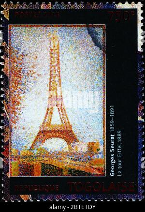 La Torre Eiffel dipinta da Georges Seurat su francobollo Foto Stock