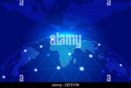 Le linee punteggiate e le mappe digitali costituiscono il background tecnologico Internet dell'alba della terra. Foto Stock