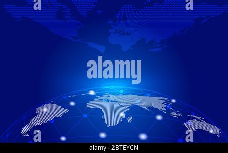 Le linee punteggiate e le mappe digitali costituiscono il background tecnologico Internet dell'alba della terra. Foto Stock