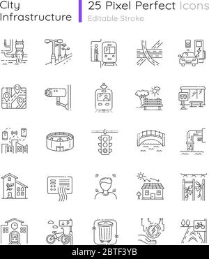 Set di icone lineari perfette per i pixel dell'infrastruttura urbana Illustrazione Vettoriale