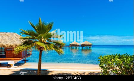 Royal Huahine, Huahine, Polinesia francese 24 settembre. 2018: Vista sul Bungalow sull'acqua nella laguna di Huahine, Polinesia Francese. Spazio di copia per il testo Foto Stock