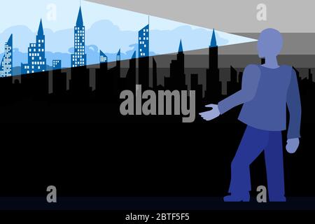 Anti-Crisis Manager, team leader in cerca di soluzioni per uscire dalla crisi, concetto. La persona esamina il problema, il campo visivo, il campo delle nuove funzioni. Illustrazione Vettoriale