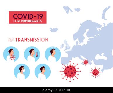 Trasmissione maschile e disegno mappa del mondo di Covid 19 virus tema illustrazione vettoriale Illustrazione Vettoriale