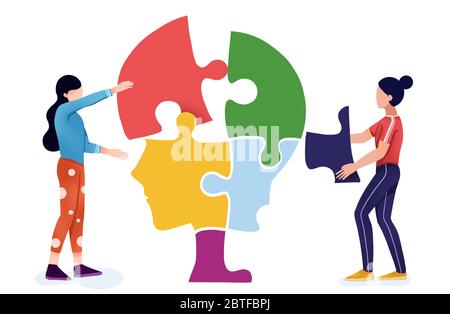 La gente fa puzzle di testa, salute mentale, sviluppo del cervello concetto di trattamento medico, impostazione buona mentalità e atteggiamento Foto Stock