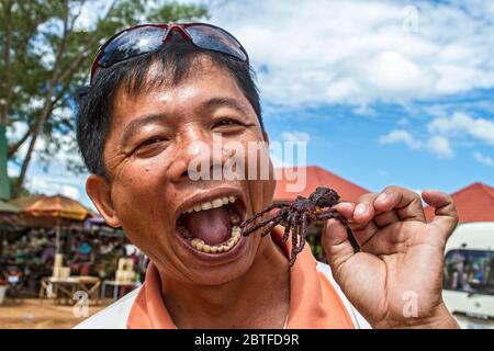 L'uomo cambogiano si prepara a mangiare una tarantula fritta. I tarantulas impanati e fritti sono in vendita a Skuon, Cambogia, conosciuta localmente come 'Spiderville'. Foto Stock