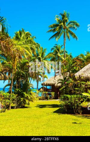 Vista di bungalow in laguna Huahine, Polinesia francese. In verticale Foto Stock