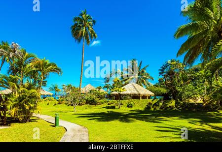 Vista di bungalow in laguna Huahine, Polinesia Francese Foto Stock