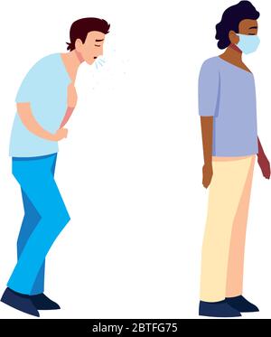 Uomini che si sentono malati e con la maschera di cura medica e covid 19 virus tema illustrazione vettoriale Illustrazione Vettoriale