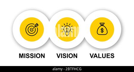 Missione moderna, visione, icone di valore in cerchi, concetto di business Illustrazione Vettoriale