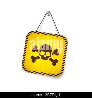 Cartello di avvertimento giallo con cranio appeso alla corda su bianco Illustrazione Vettoriale