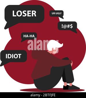 No alle cybermolestie. Ragazzo stressato bulllied in linea dai messaggi di chiacchierata, illustrazione vettoriale in stile piatto Illustrazione Vettoriale