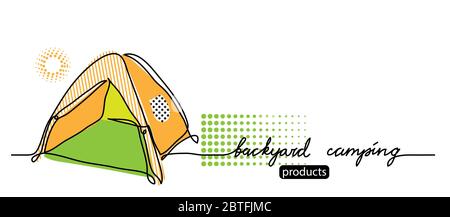 Scritta da campeggio sul cortile. Tenda vettoriale, campo semplice banner web. Illustrazione dello schizzo, sfondo, poster, banner.un banner di disegno a linea continua Illustrazione Vettoriale