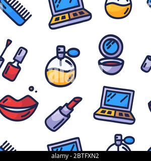 Ripetizione cosmetica senza giunture. Fumetto doodle disegnato a mano Vector modello senza giunture con articoli per il trucco - smalto per unghie, specchio, profumo, rossetto, pennello per polveri, Illustrazione Vettoriale